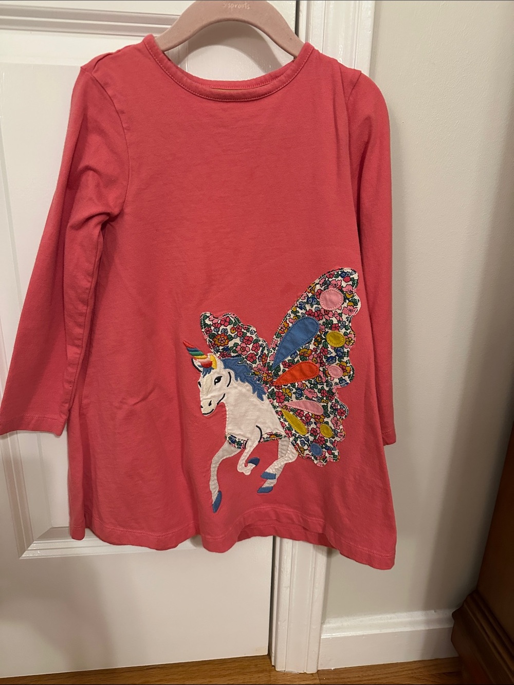 Boden Coral-Pink Long Sleeve Dress with Unicorn & Colorful Wings
